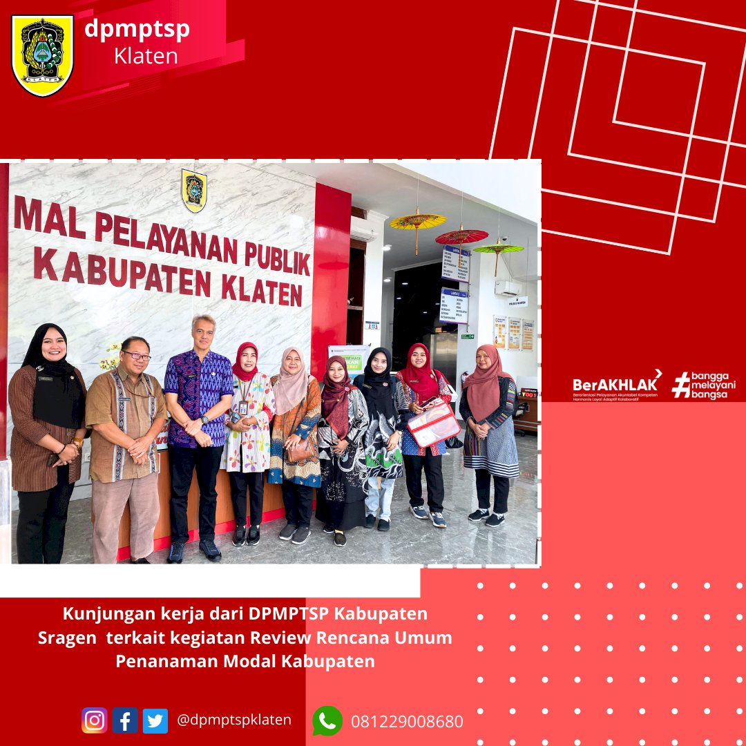 DPMPTSP Kab. Klaten menerima Kunjungan kerja dari DPMPTSP Kabupaten Sragen terkait kegiatan Review Rencana Umum Penanaman Modal Kabupaten