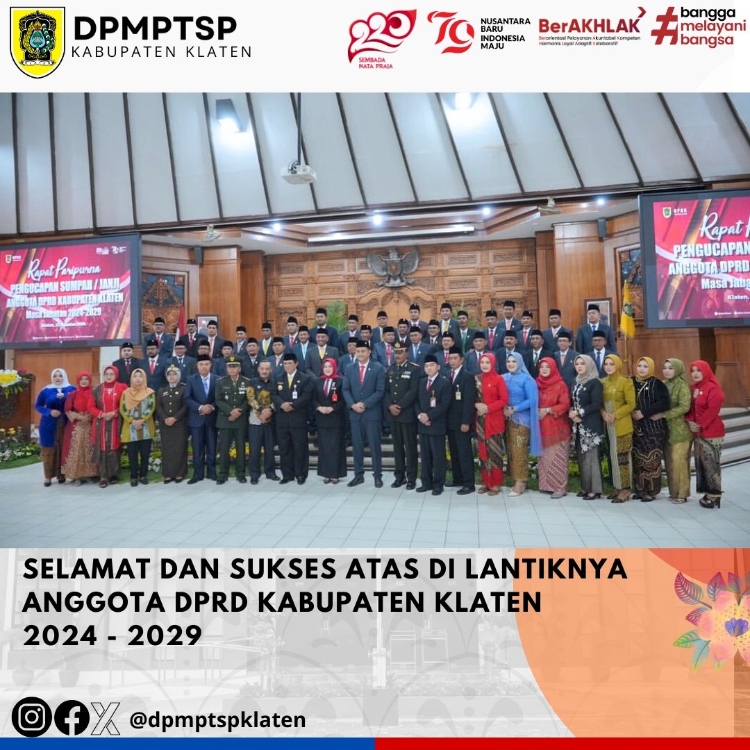 Selamat dan Sukses atas pelantikan Anggota DPRD Kabupaten Klaten masa jabatan 2024-2029.