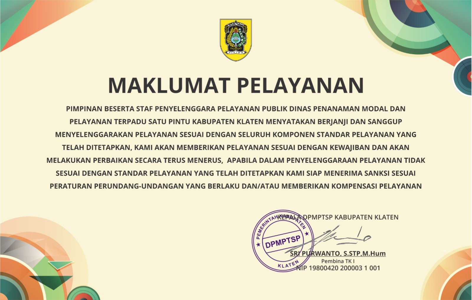 Maklumat Pelayanan DPMPTSP Kabupaten Klaten